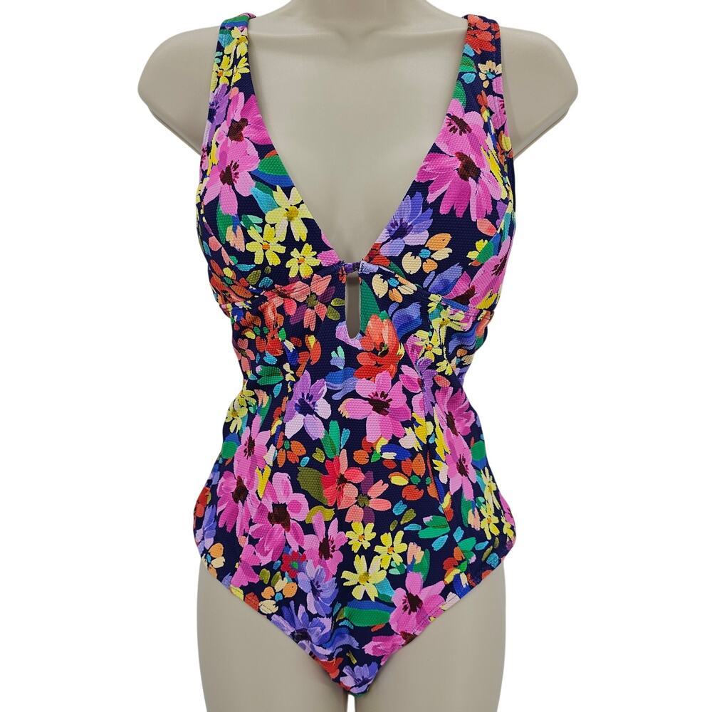 Cupshe Womans size L Floral V-Neck Cutout O Ring One Piece Swimsuit Blue NEW